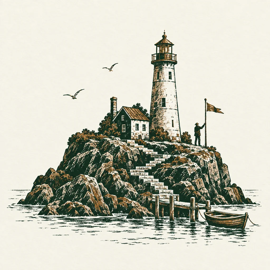 An ink illustration of a lighthouse keeper, winding island steps and a small boat