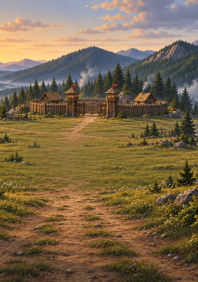 A wooden outpost behind a palisade at the end of a frontier road, with forested mountains at sunset