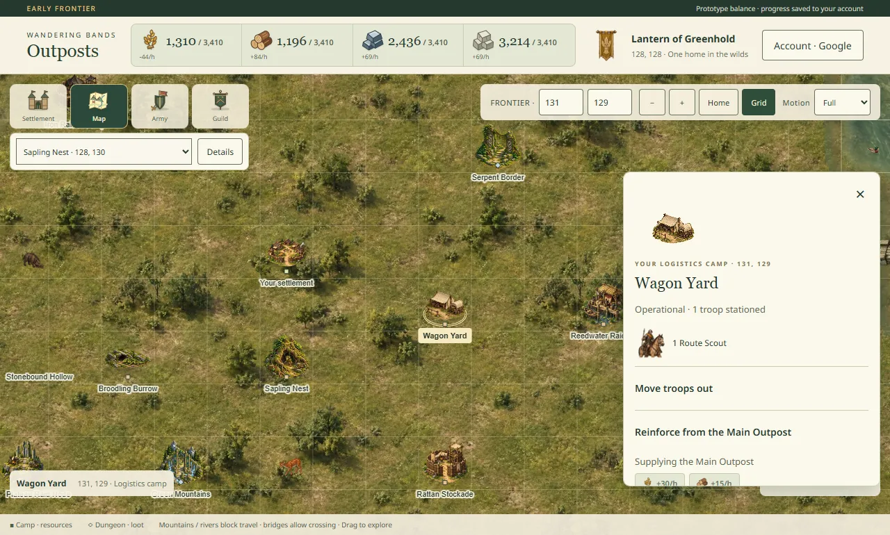 The Outposts map with a logistics camp named Wagon Yard at 131, 129, between the player's settlement and the frontier camps, and its panel showing it operational with one Route Scout stationed and supplying the Main Outpost.