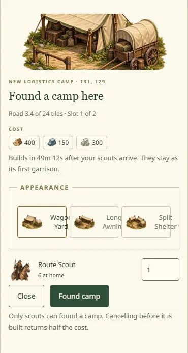 The Outposts Found a camp here panel for tile 131, 129: a cost of 400 Wood, 150 Iron and 300 Stone, built 49 minutes 12 seconds after the scouts arrive, three camp appearances and a Route Scout founding party.