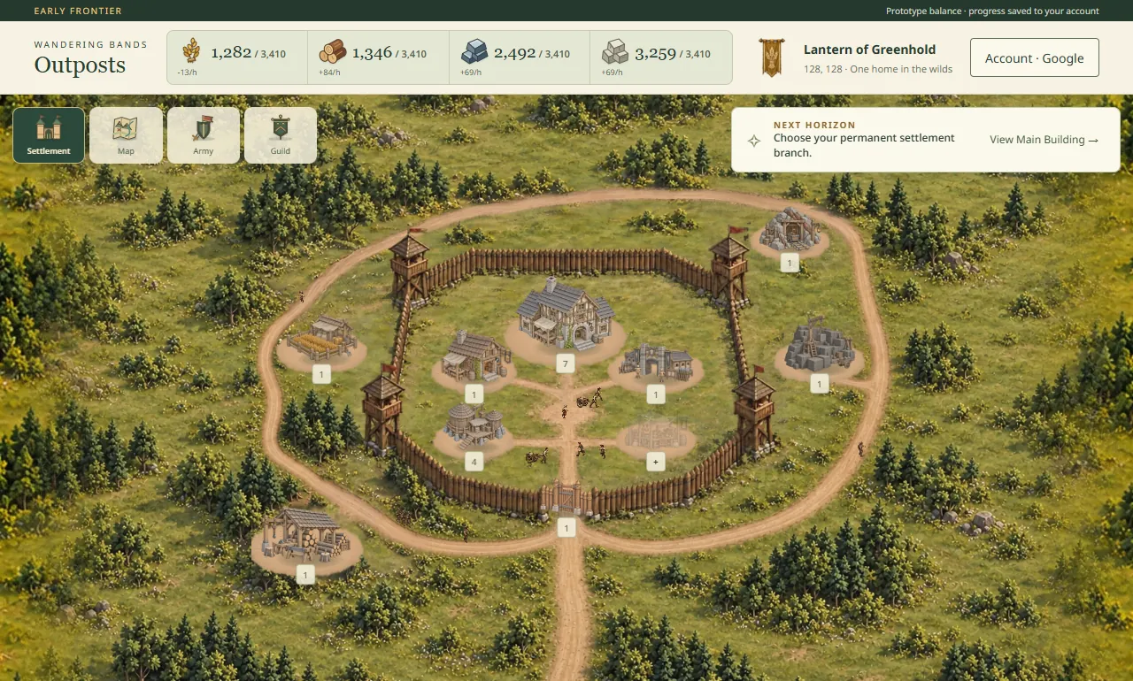 An Outposts settlement, Lantern of Greenhold: buildings inside a wooden palisade with four watchtowers, the four resource fields outside it, and each plot marked with its building level.