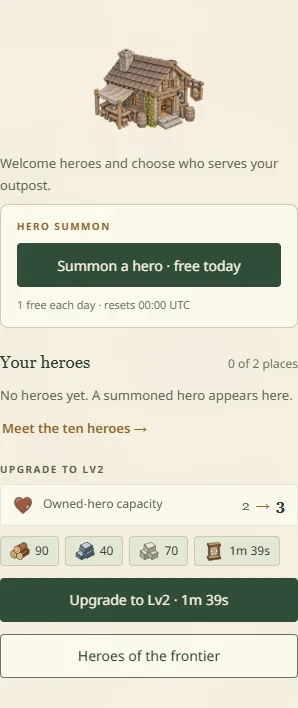 The Outposts Tavern at level 1: Summon a hero, free today; 1 free each day, resets 00:00 UTC; 0 of 2 hero places; and an upgrade to level 2 that raises capacity from 2 to 3.